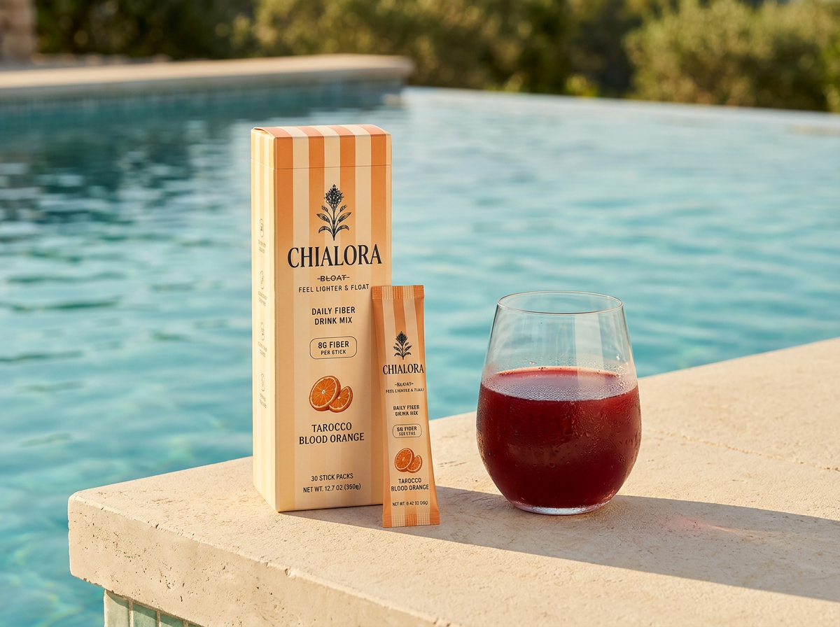 Tarocco Blood Orange Chialora Float box and stick pack beside a ruby blood-orange drink in a wine glass on a limestone pool ledge