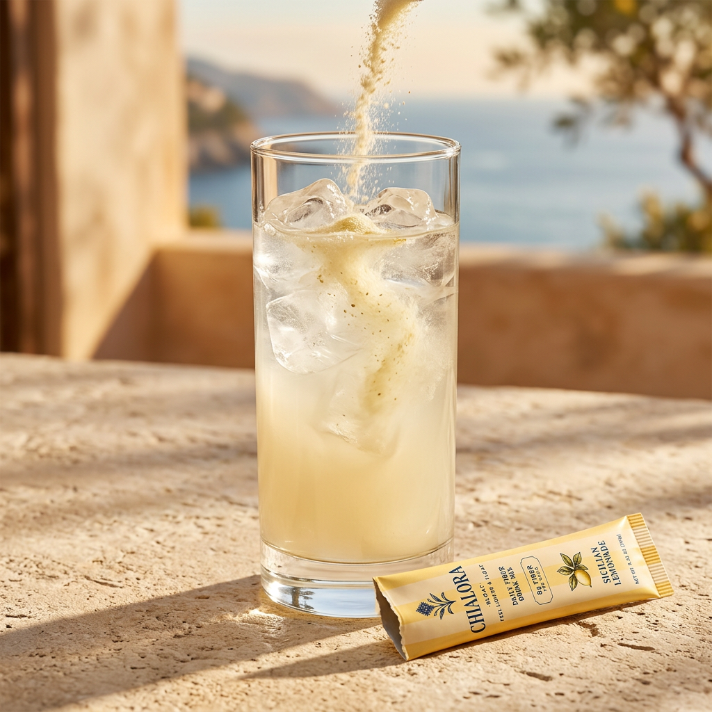 Chialora Sicilian Lemonade dissolving into an iced glass of water beside an open stick pack