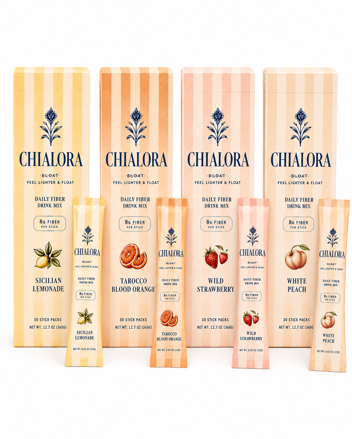 An open Chialora Float box with individual stick packs on a sunlit stone terrace